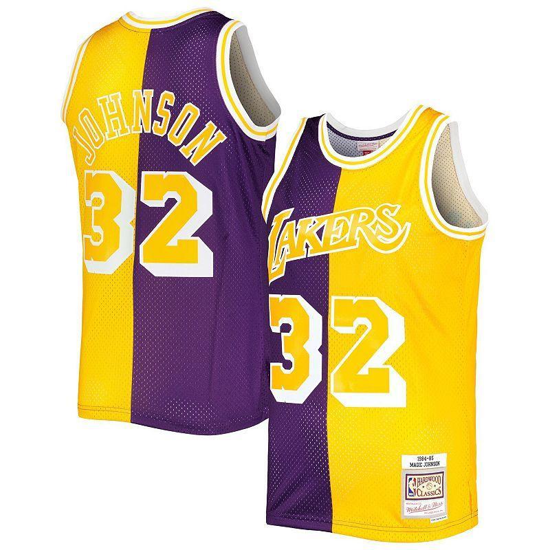 Mens Mitchell & Ness Magic Johnson /Gold Los Angeles Lakers Hardwood Classics 1984-85 Split Swingman Jersey Product Image