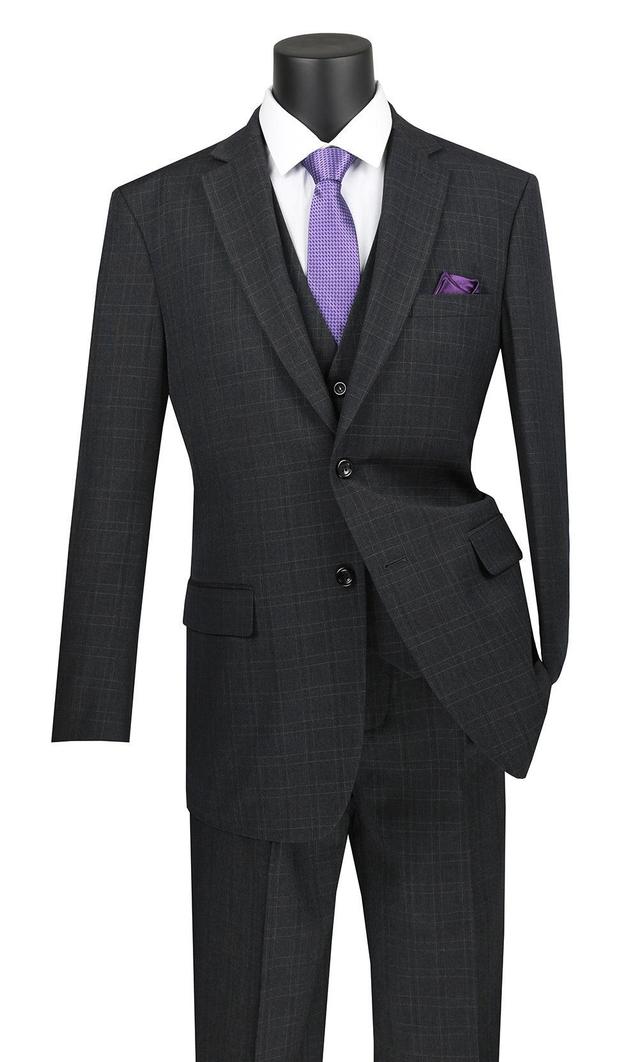 Vinci Regular Fit Glen Plaid 3 Piece Suit (Black) V2RW-15  Product Image