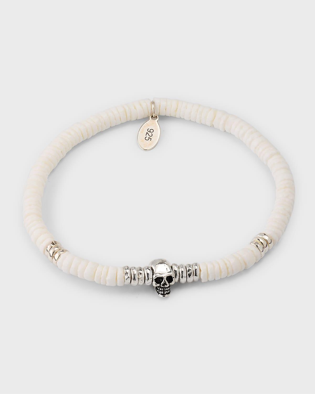 Mens Skull Sterling Silver & Shell Stretch Bracelet Product Image