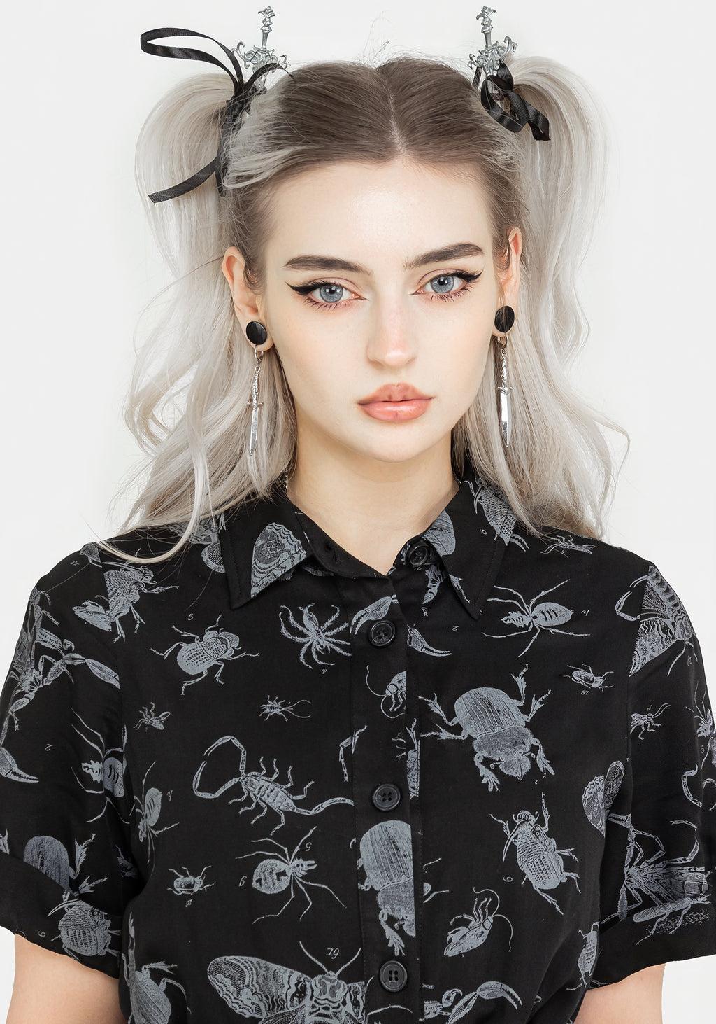 Parasite Bugs Short Sleeve Midi Shirt Dress - Black Product Image