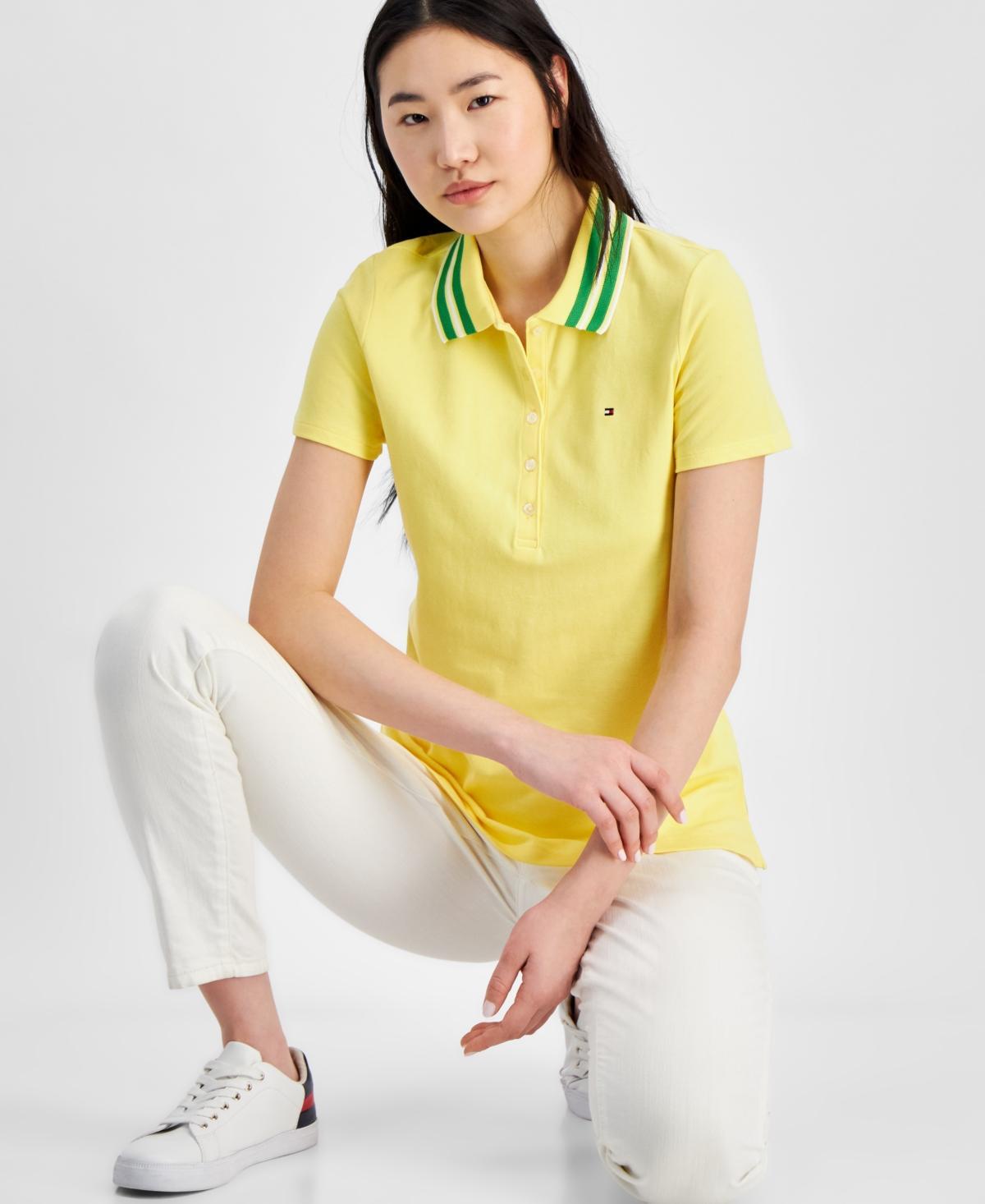 Women's Stripe-Collar Shirt-Sleeve Polo Shirt  Product Image