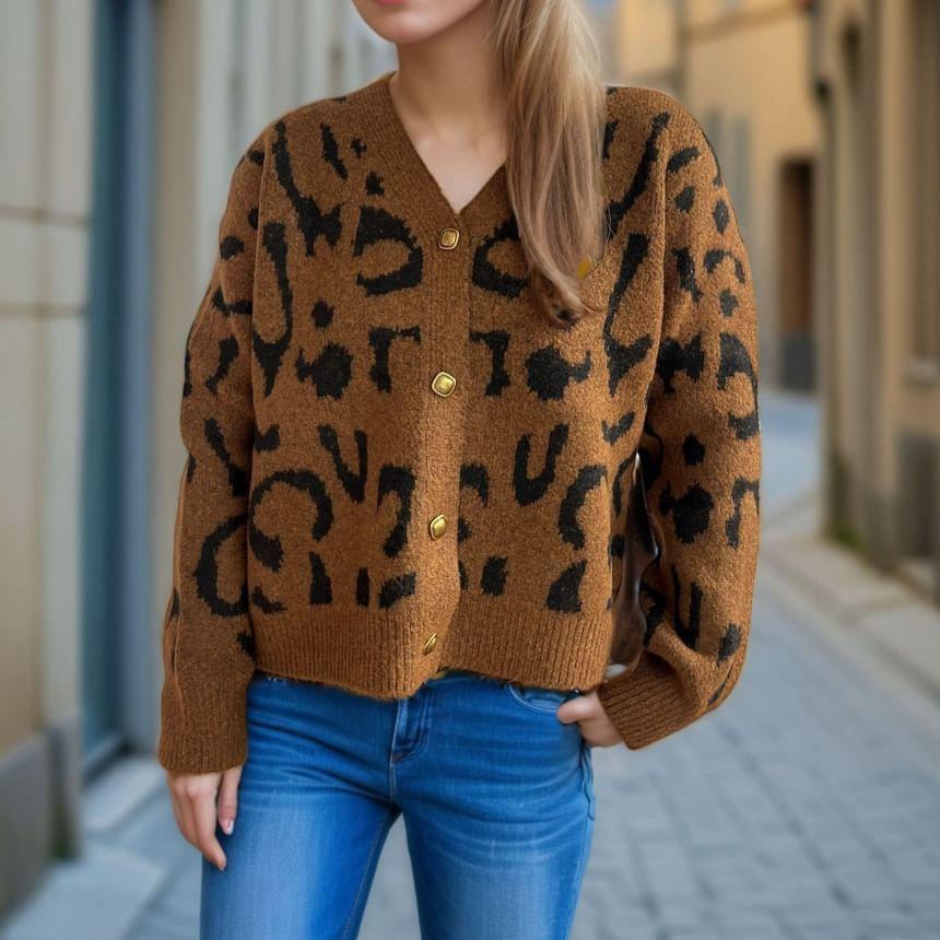 V-Neck Leopard Print Button-Up Crop Cardigan Product Image