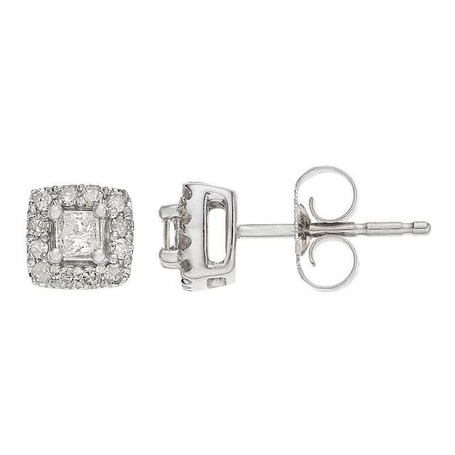 10K White Gold 1/4 Carat T.W. Diamond Princess-Cut & Round Halo Earrings, Womens Product Image