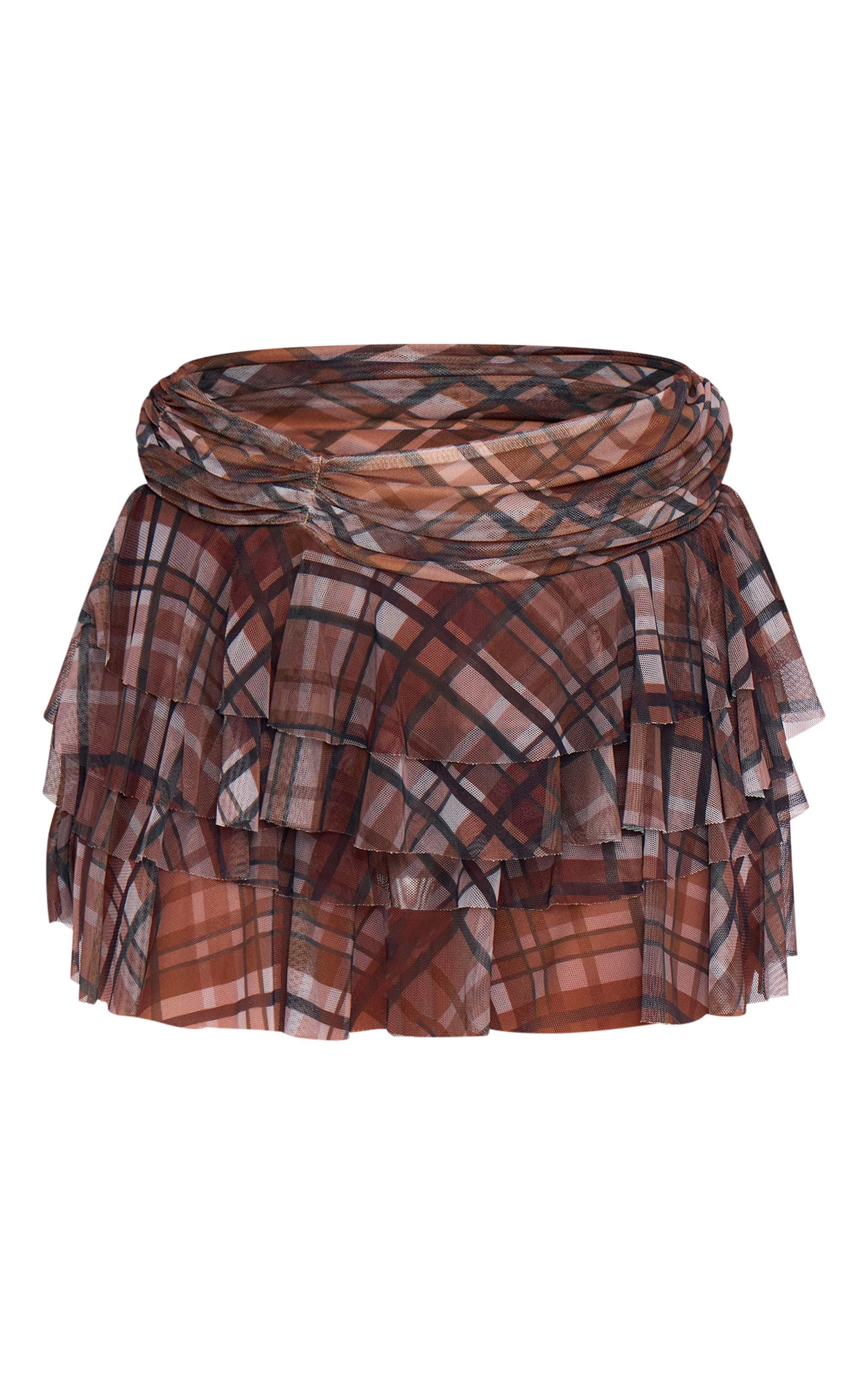 Brown Gingham Printed Mesh Frilly Low Rise Mini Skirt Product Image