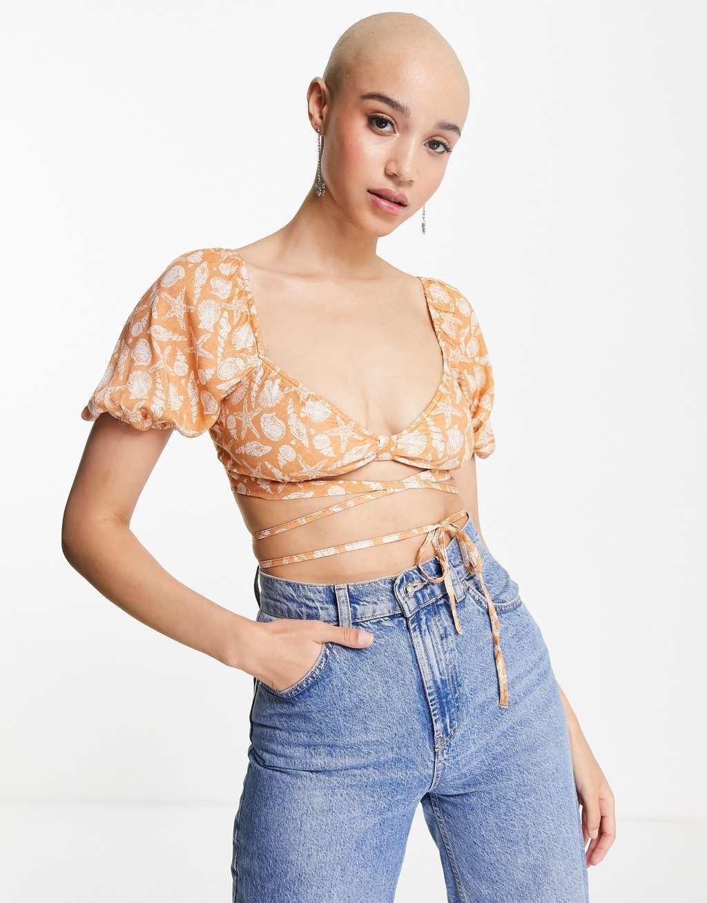 Pull&Bear star print ruched top in rose - part of a set Product Image