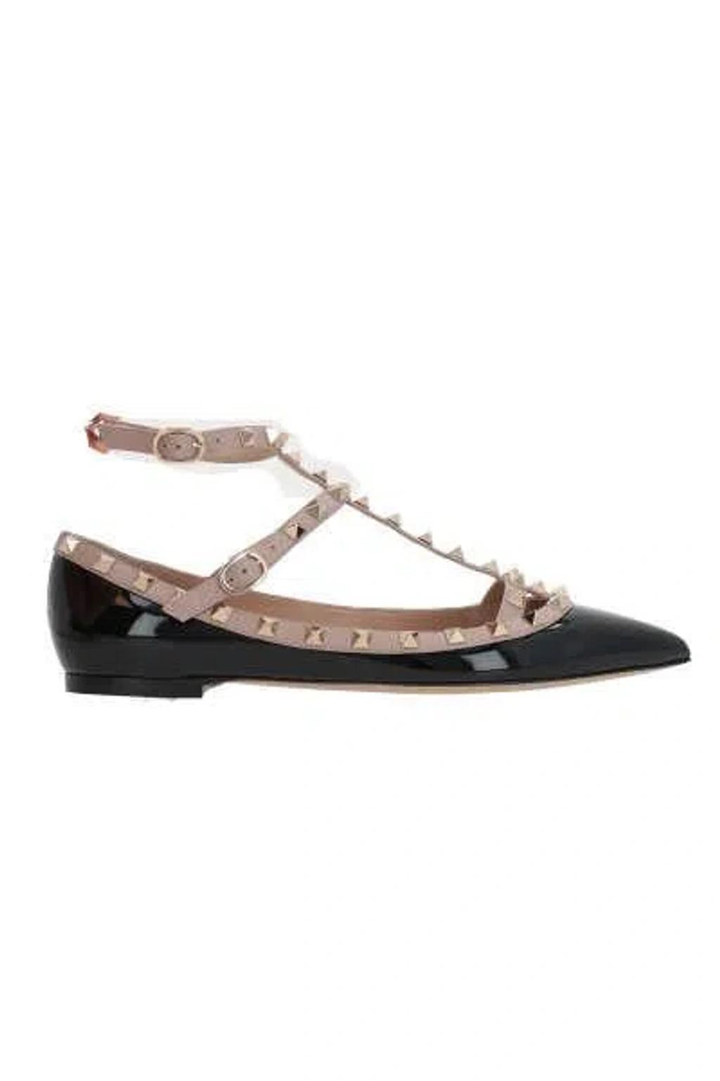 Rockstud Leather Flat Ballerina Shoes In Black Product Image