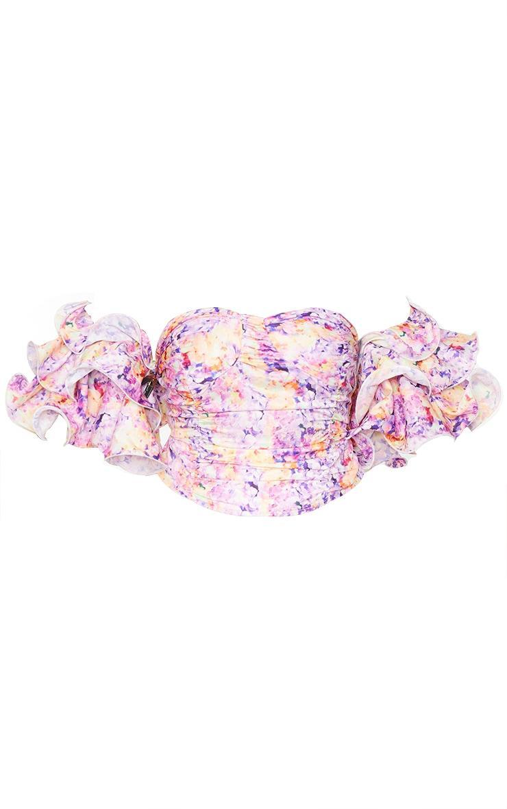 Plus Lilac Floral Print Puff Sleeve Bardot Crop Top Product Image