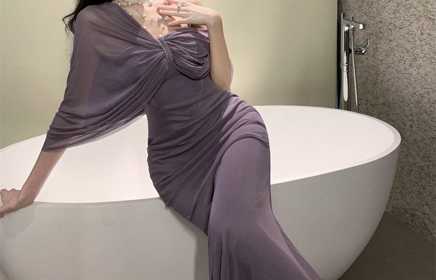 3/4-Sleeve Off-Shoulder Mock Two-Piece Plain Ruched Maxi Bodycon Dress Product Image