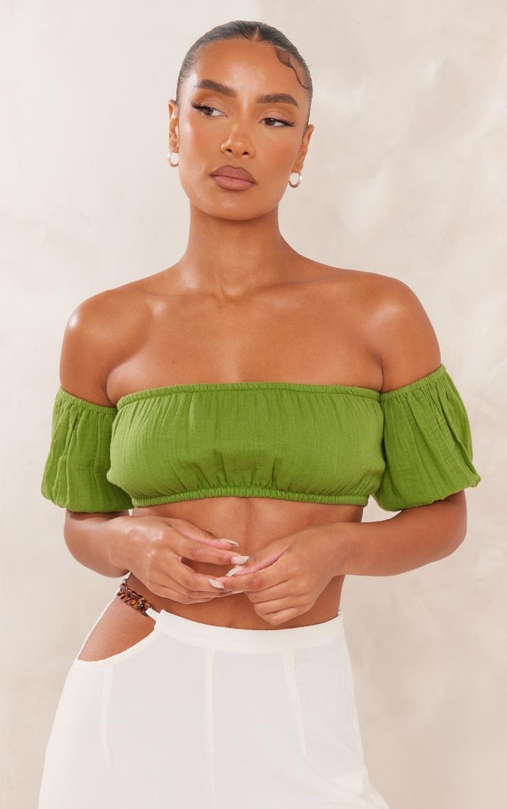 Olive Cotton Shirred Puff Sleeve Crop Top Product Image