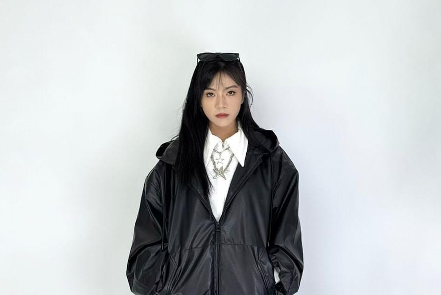 Plain Hood Faux Leather Zip Jacket Product Image