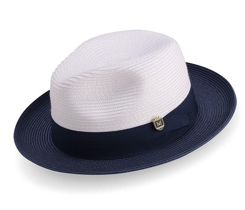 Navy Two-Tone Wide Brim Matching Grosgrain Ribbon Straw Fedora Product Image