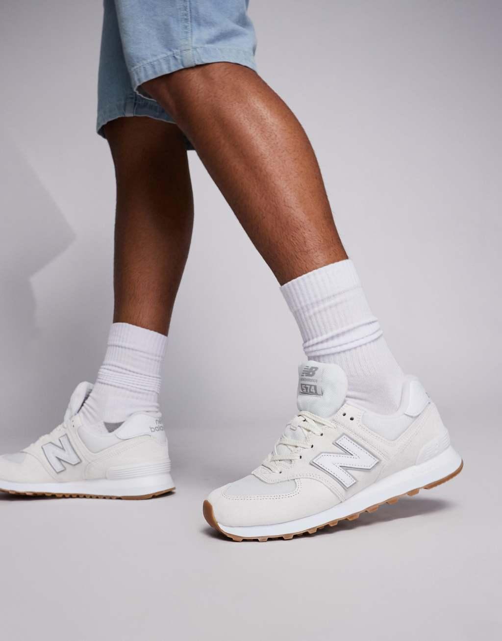 New Balance 574 gum sole sneakers in white with gray detail Product Image