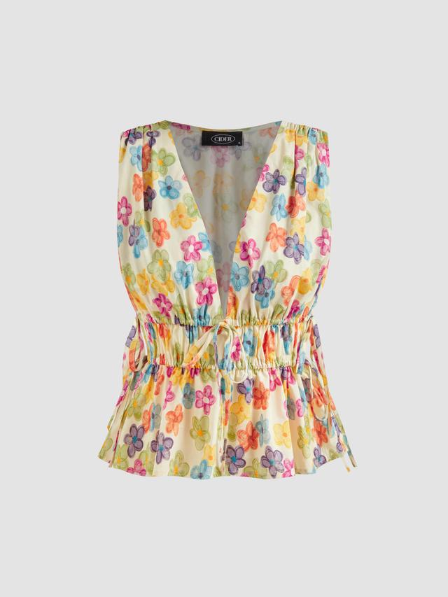 V-neck Floral Knotted Ruffle Crop Tank Top Product Image