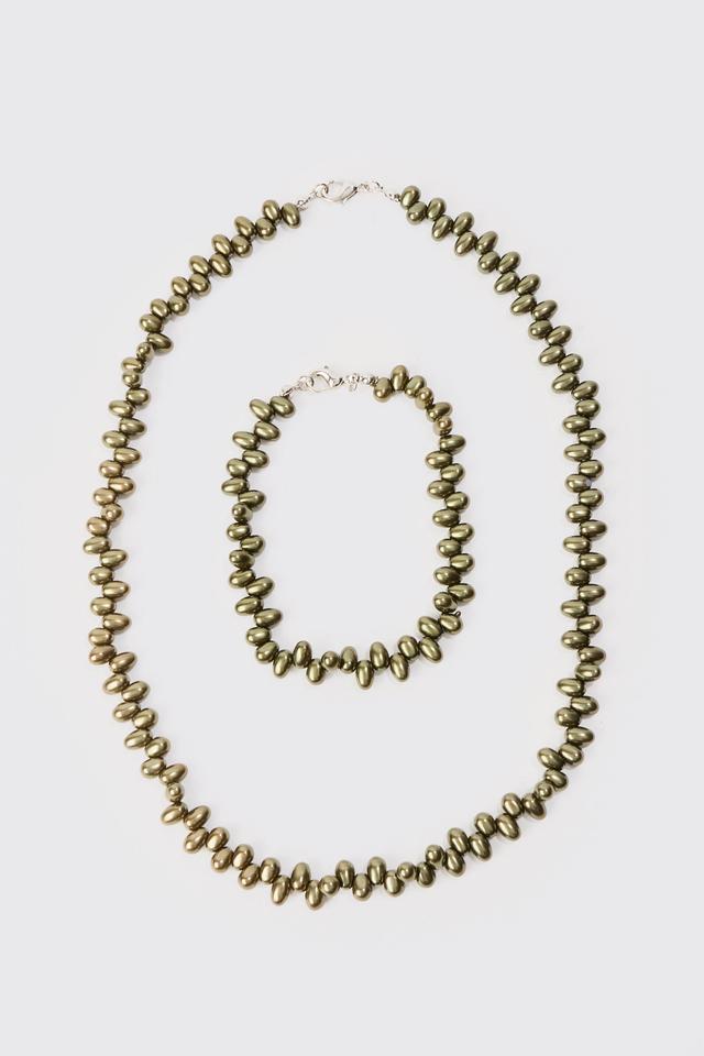 Pearl Bead Necklace & Bracelet Set In Green | boohooMAN USA Product Image