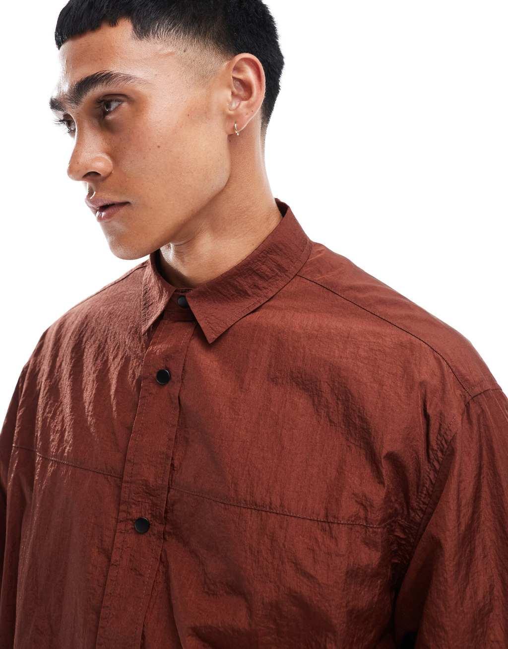 ASOS DESIGN boxy nylon shirt in brown product image