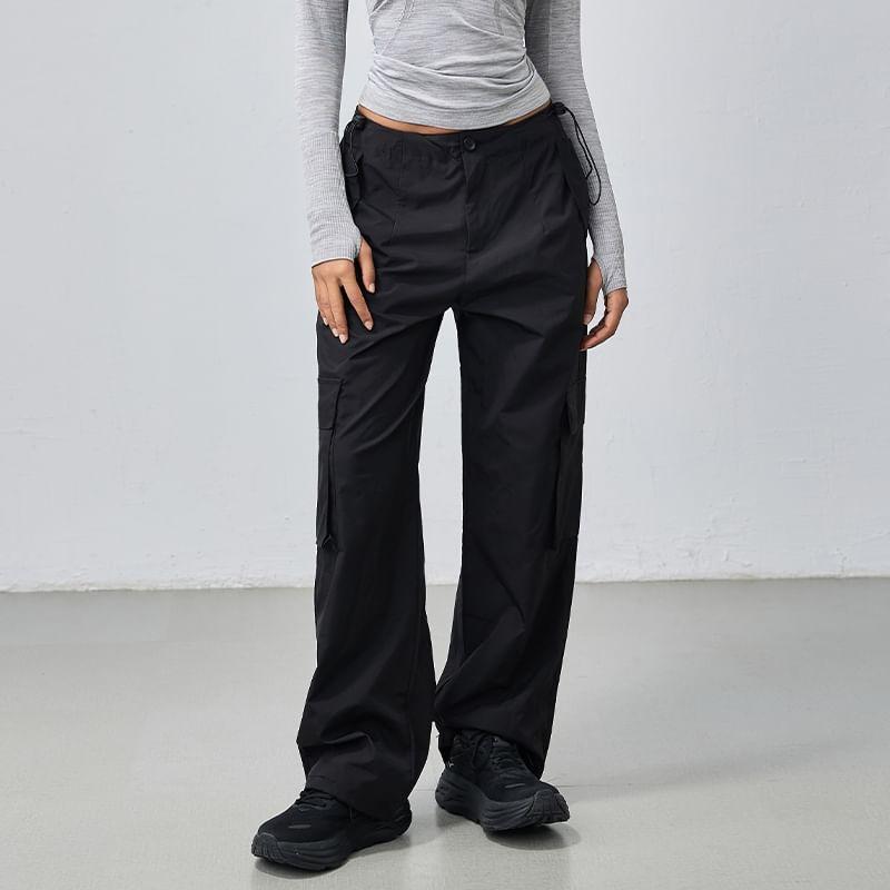 Drawstring Waist Plain Straight Leg Cargo Pants Product Image