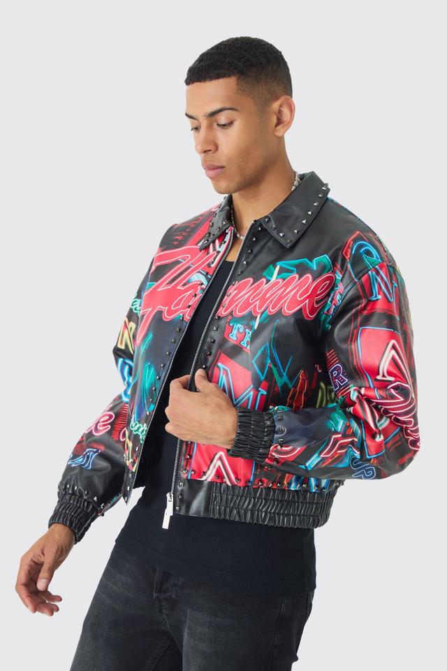 Boxy Homme Stud Detail Printed PU Bomber Jacket In Black | boohooMAN USA Product Image