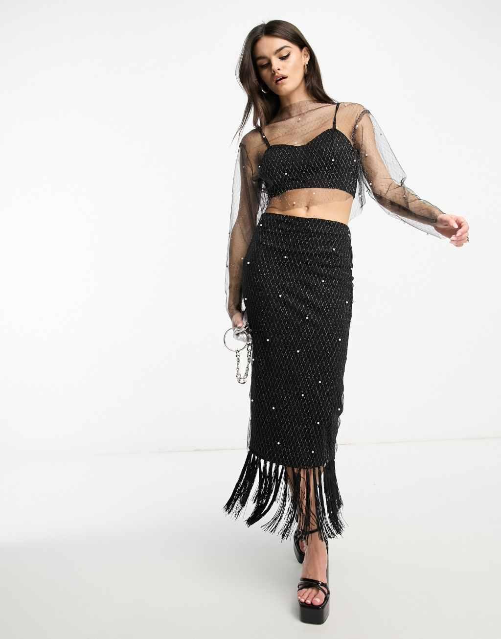 Extro & Vert Premium maxi skirt with pearl embellished layer & fringe in black - part of a set Product Image