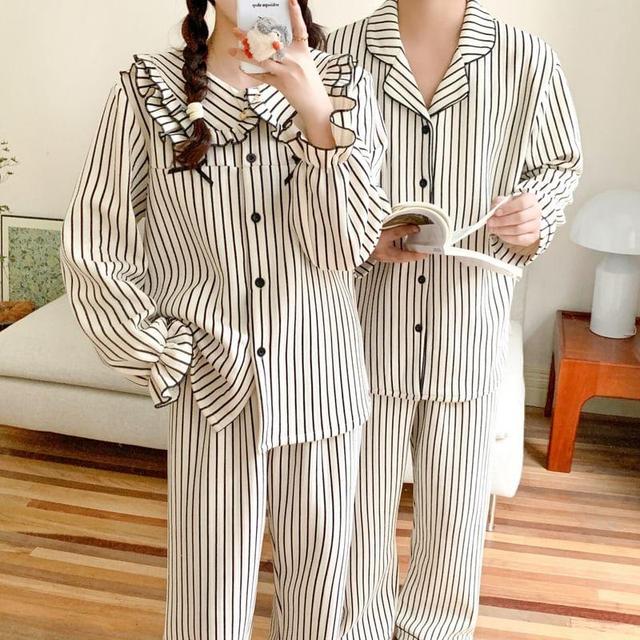 Couple Matching Pajama Set: Long-Sleeve Striped Button-Up Top + Pants (Various Designs) Product Image