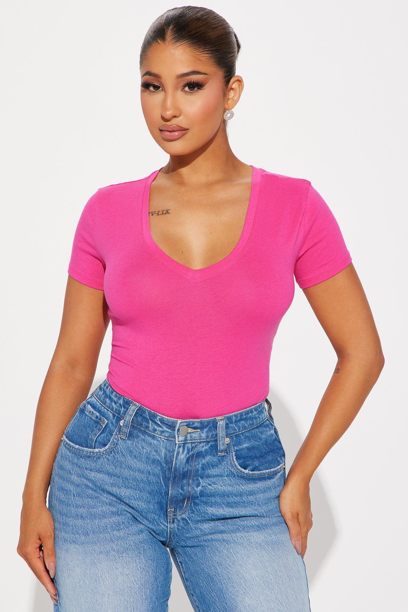 Cassie Fitted V-Neck Tee - Fuchsia Product Image