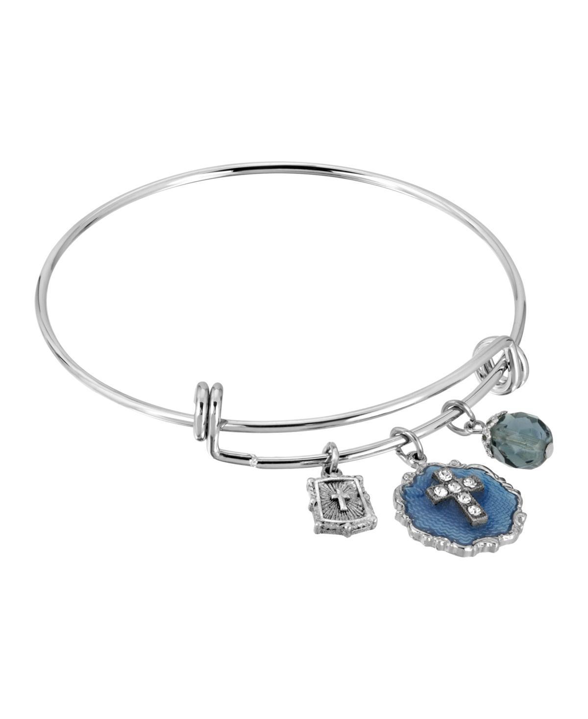 Symbols of Faith Blue Enamel Cross Wire Charm Bracelet, Womens Product Image