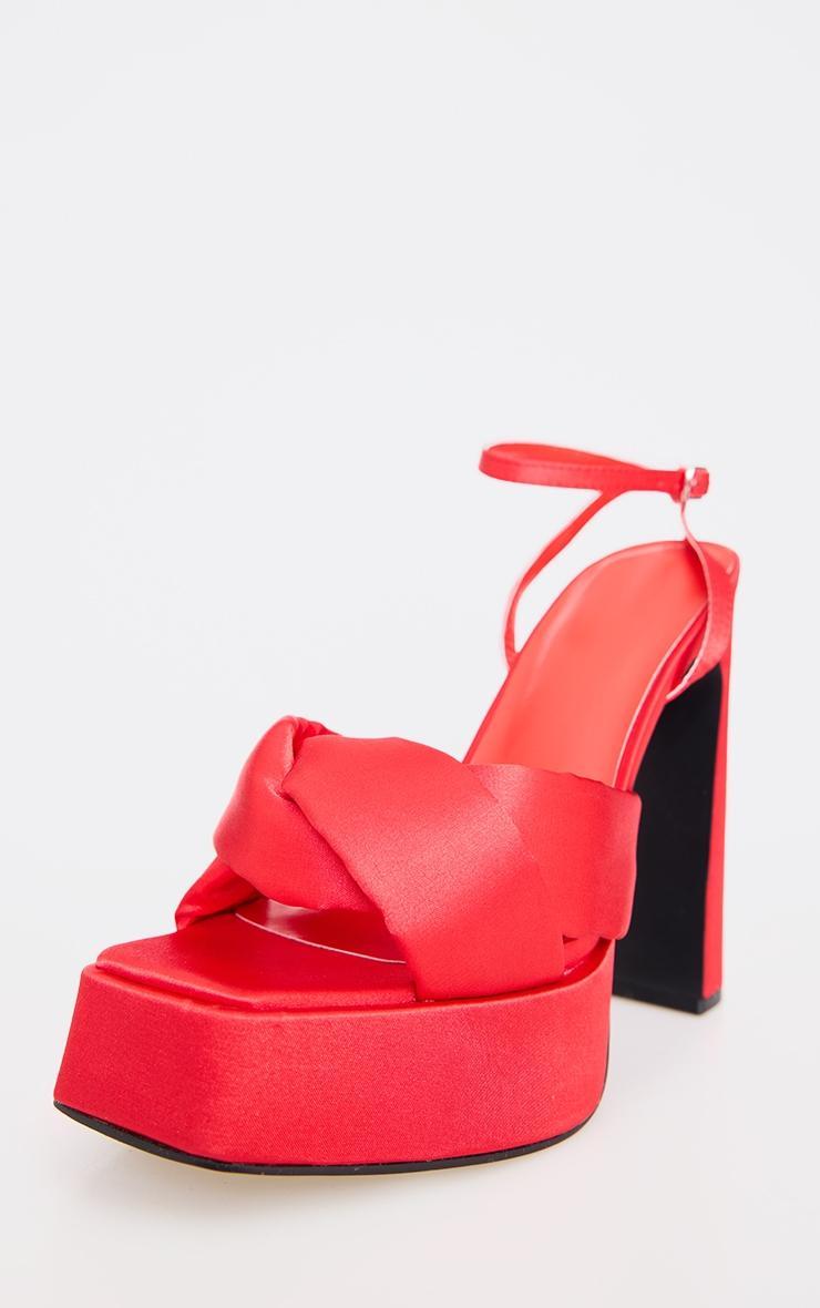 Wide Fit Red Satin Square Toe Cross Strap Platform Heeled Sandals Product Image