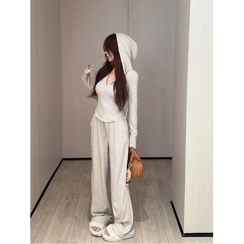 Long-Sleeve Hooded Plain Half Zip Tee / Mid Rise Plain Wide Leg Pants Product Image