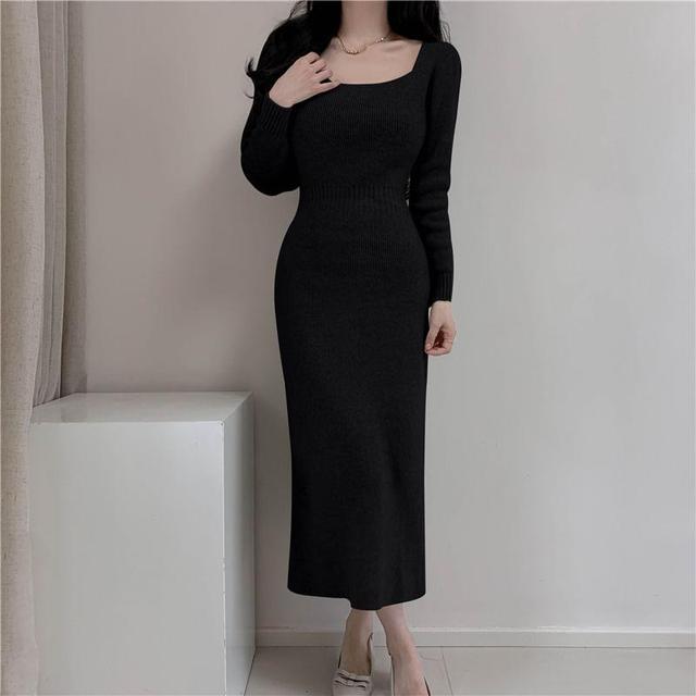 Long-Sleeve Square-Neck Plain Ribbed Midi Knit Dress Product Image