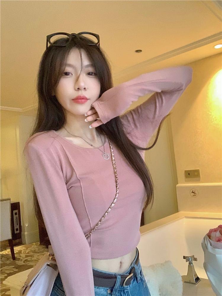 Long-Sleeve Crewneck Plain Crop T-Shirt product image