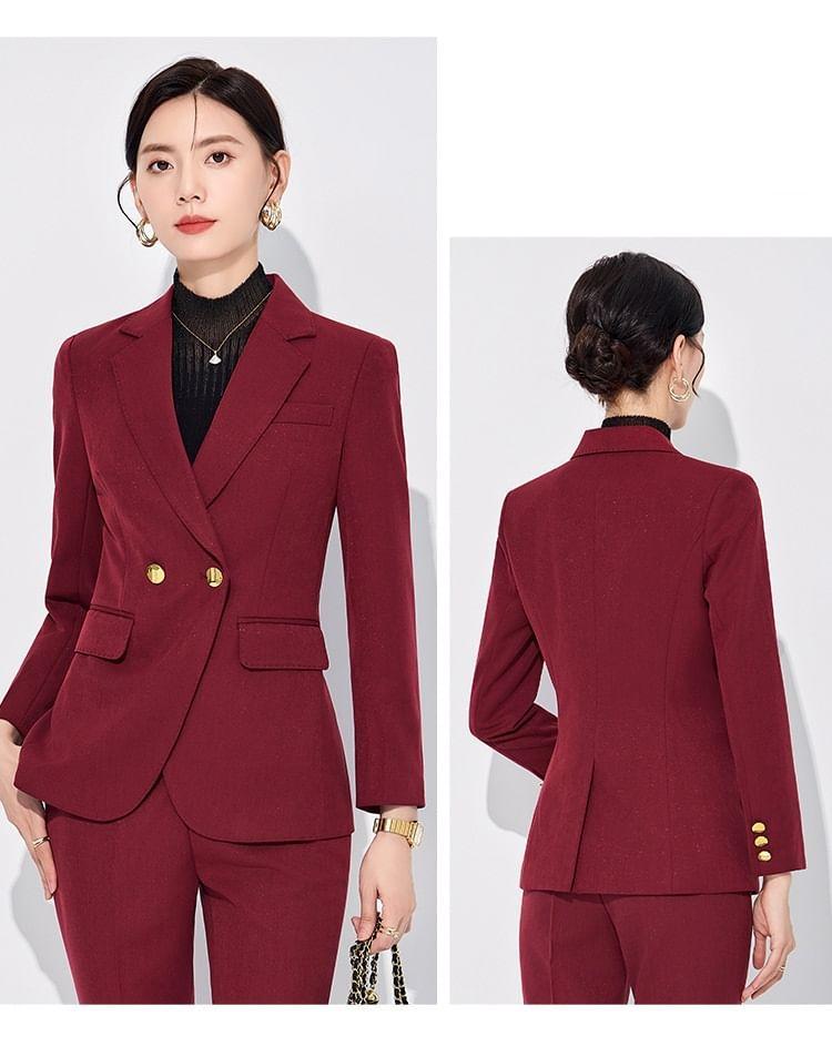 Lapel Collar Plain Double Breasted Blazer / Mid Rise Plain Dress Pants Product Image