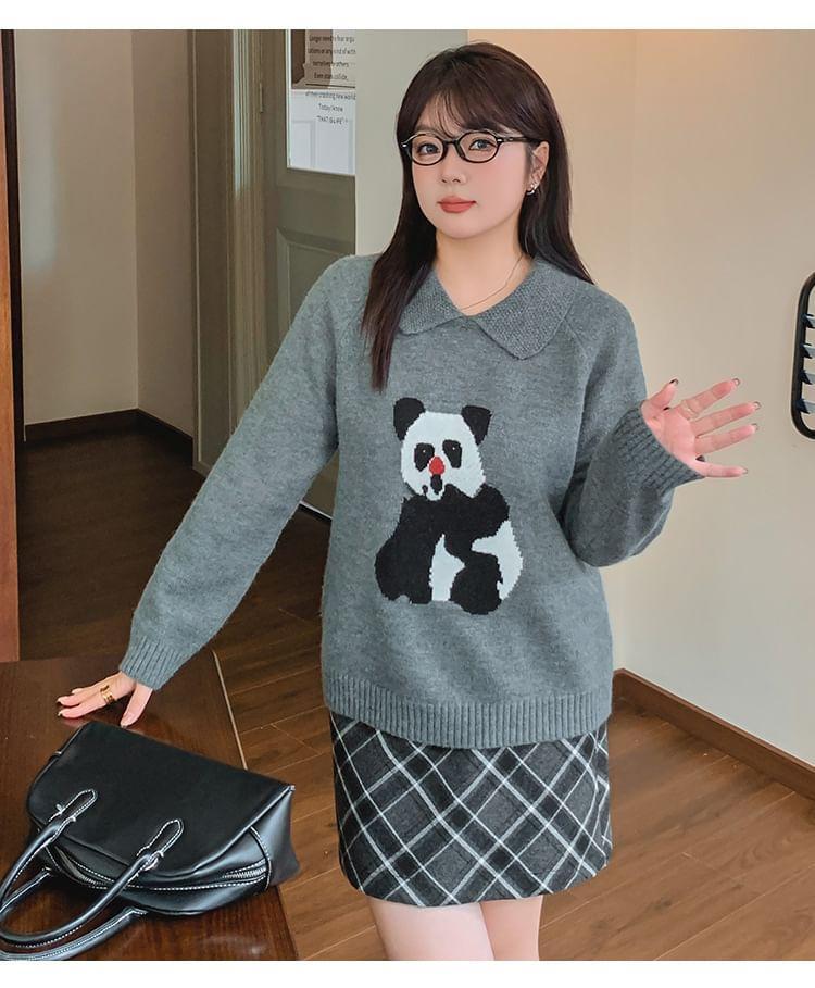 Long-Sleeve Panda Print Collared Sweater Product Image