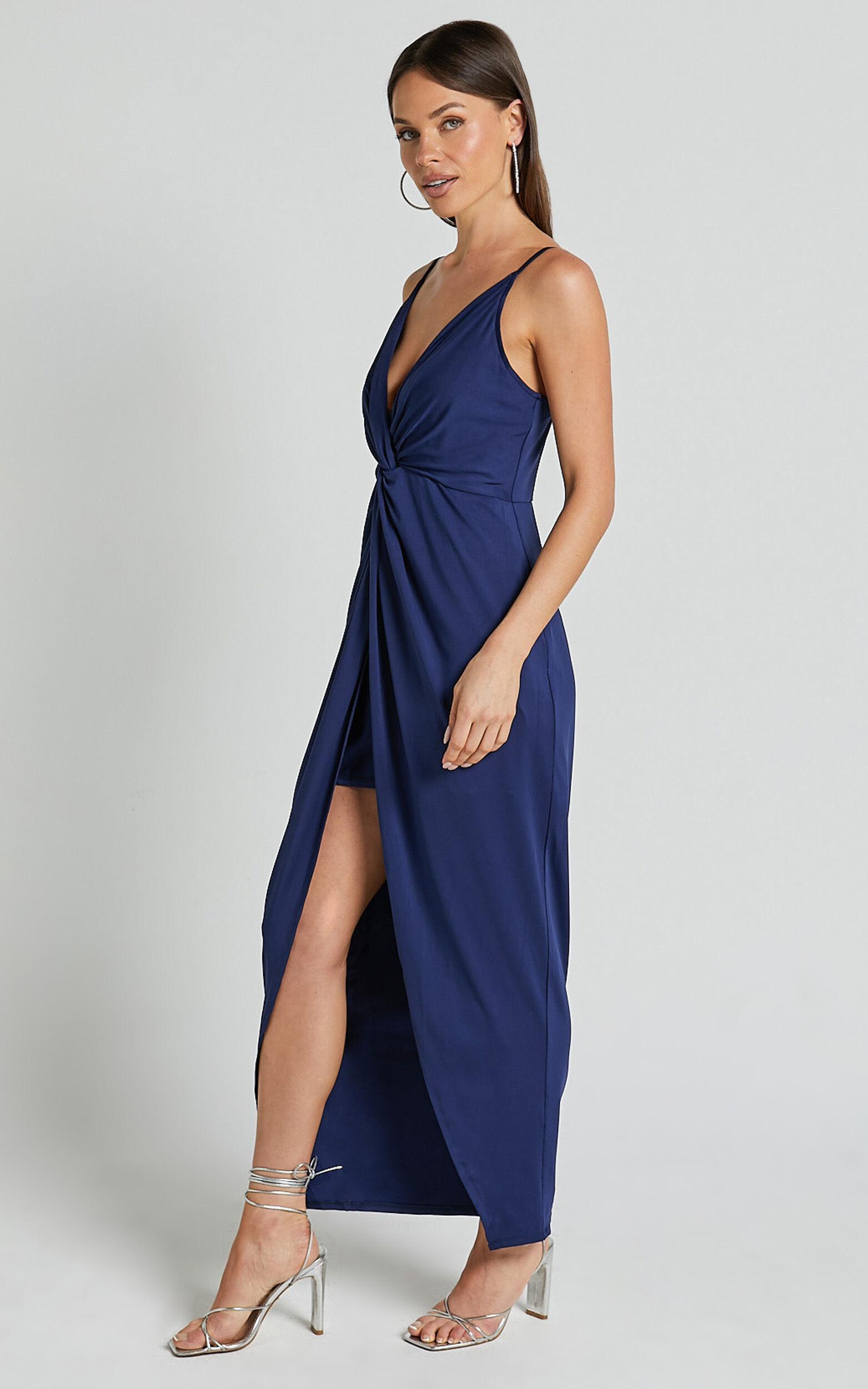 Dominique Midi Dress - V Neck Twist Front Jersey Dress in Navy Product Image