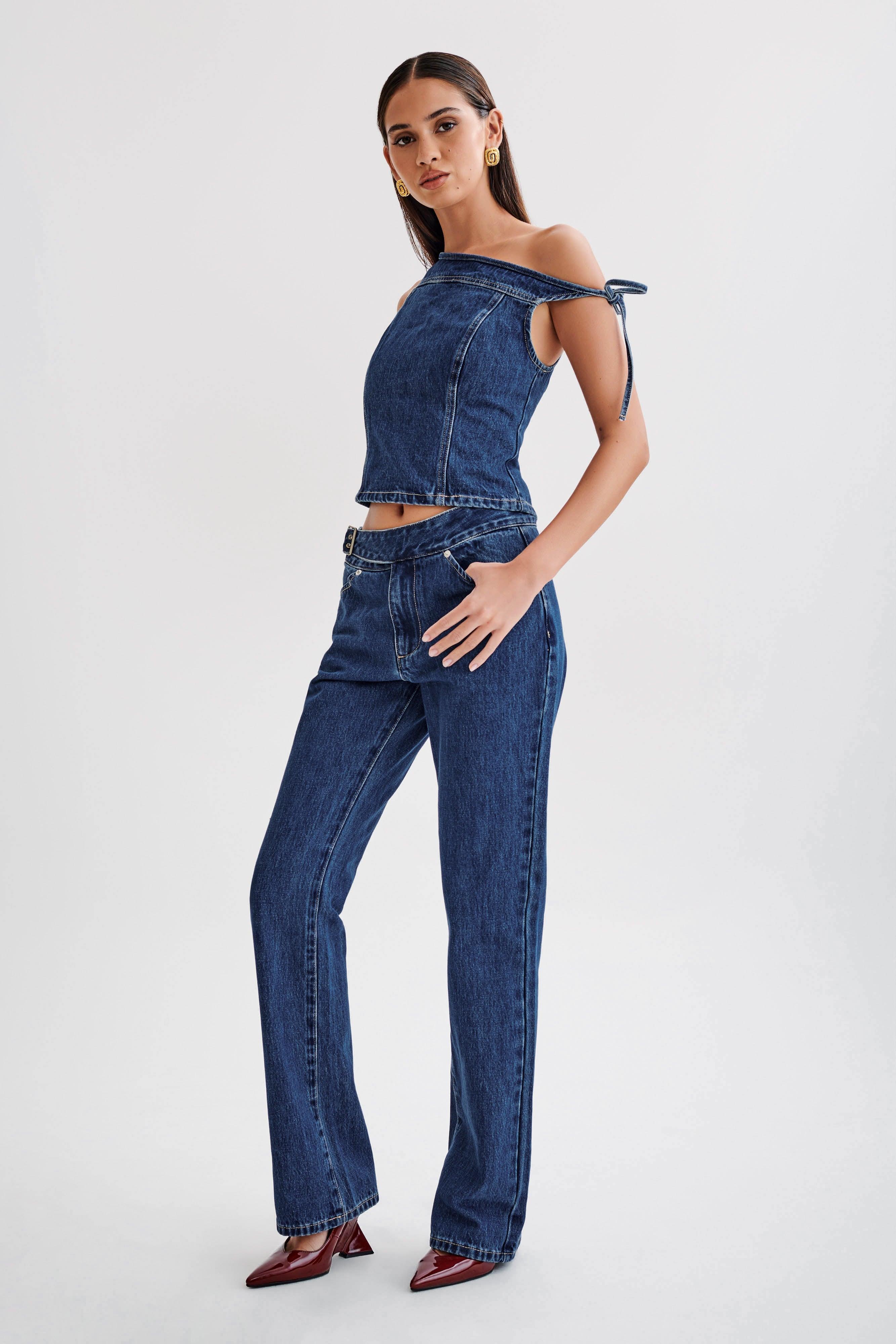 Romona Low Rise Buckle Denim Jean - Dark Blue Product Image