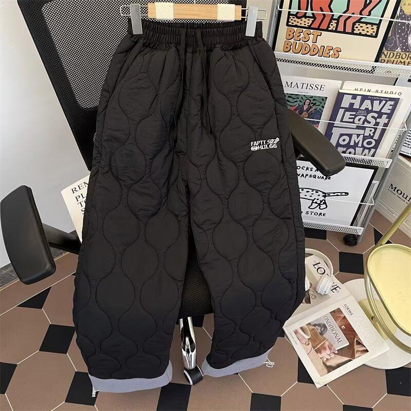 Drawstring Waist Lettering Embroidered Quilted Panel Fleece Straight Leg Pants Product Image