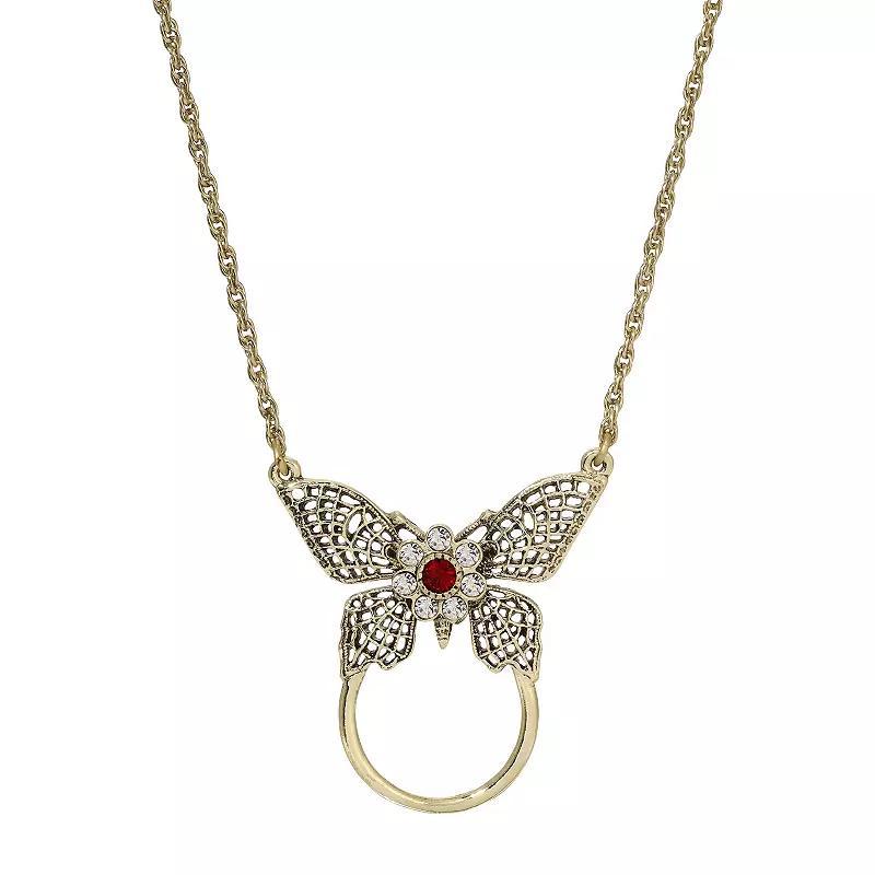 1928 Gold Tone Butterfly Red & Clear Crystal Necklace & Eye Glass Holder, Womens Product Image