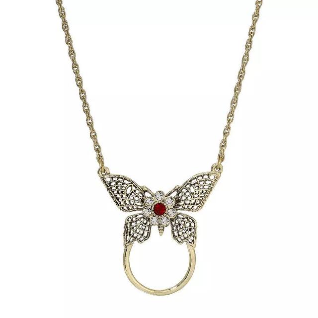 1928 Gold Tone Butterfly Red & Clear Crystal Necklace & Eye Glass Holder, Womens Product Image