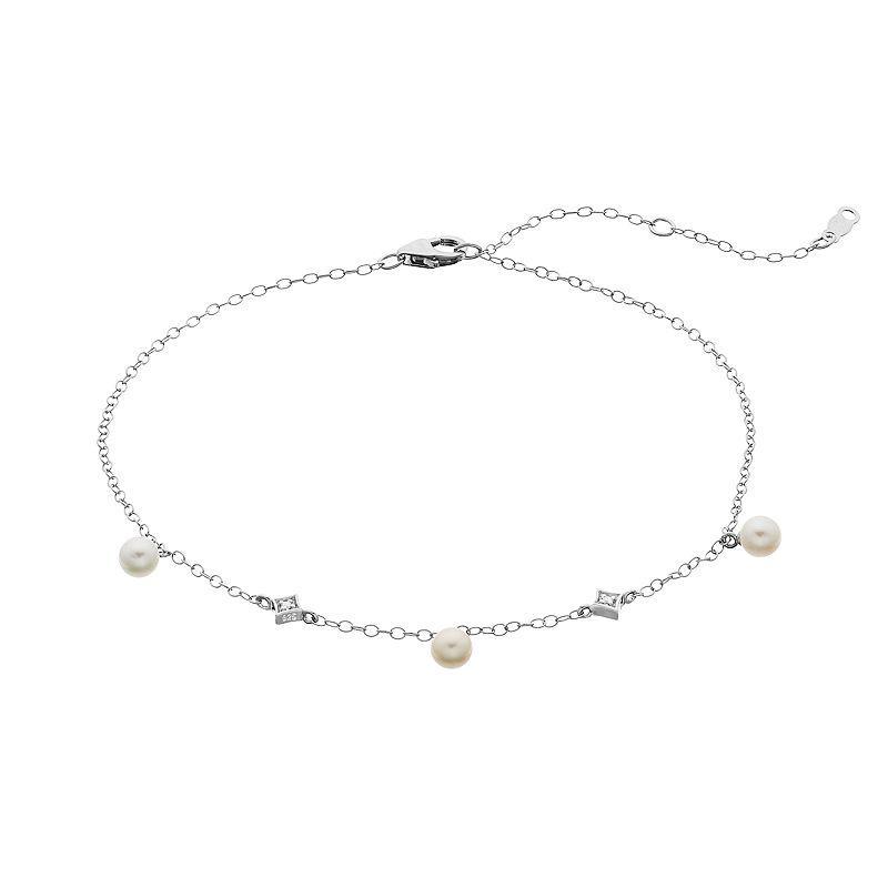 Sterling Silver Freshwater Cultured Pearl & Lab Created White Sapphire Anklet, Womens Product Image