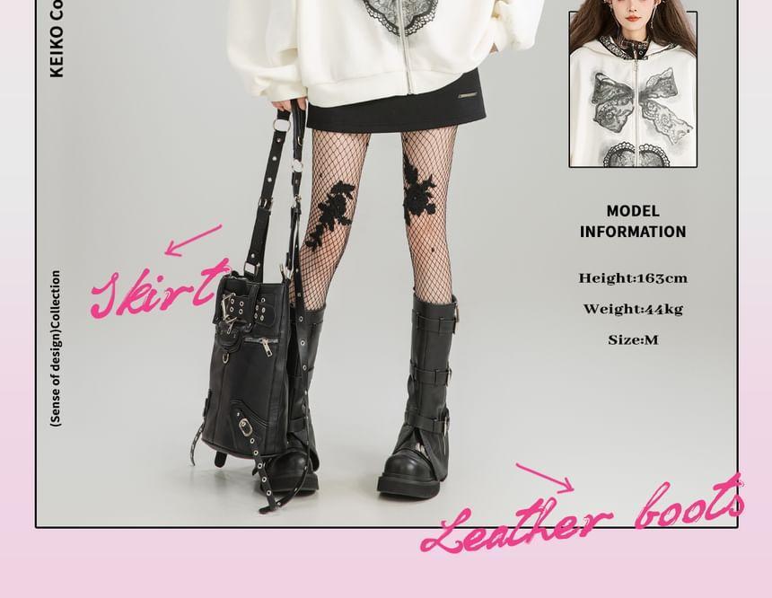 Drop Shoulder Bow Print Oversized Zip Hoodie / Mid Waist Fringe Midi A-Line Skirt Product Image