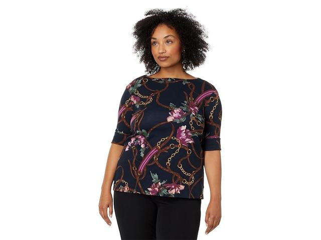 Lauren Ralph Lauren Plus Size Print Cotton Boatneck Tee (Navy Multi) Women's Clothing Product Image