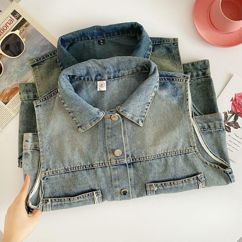 Sleeveless Collared Washed Denim Cropped Vest Product Image