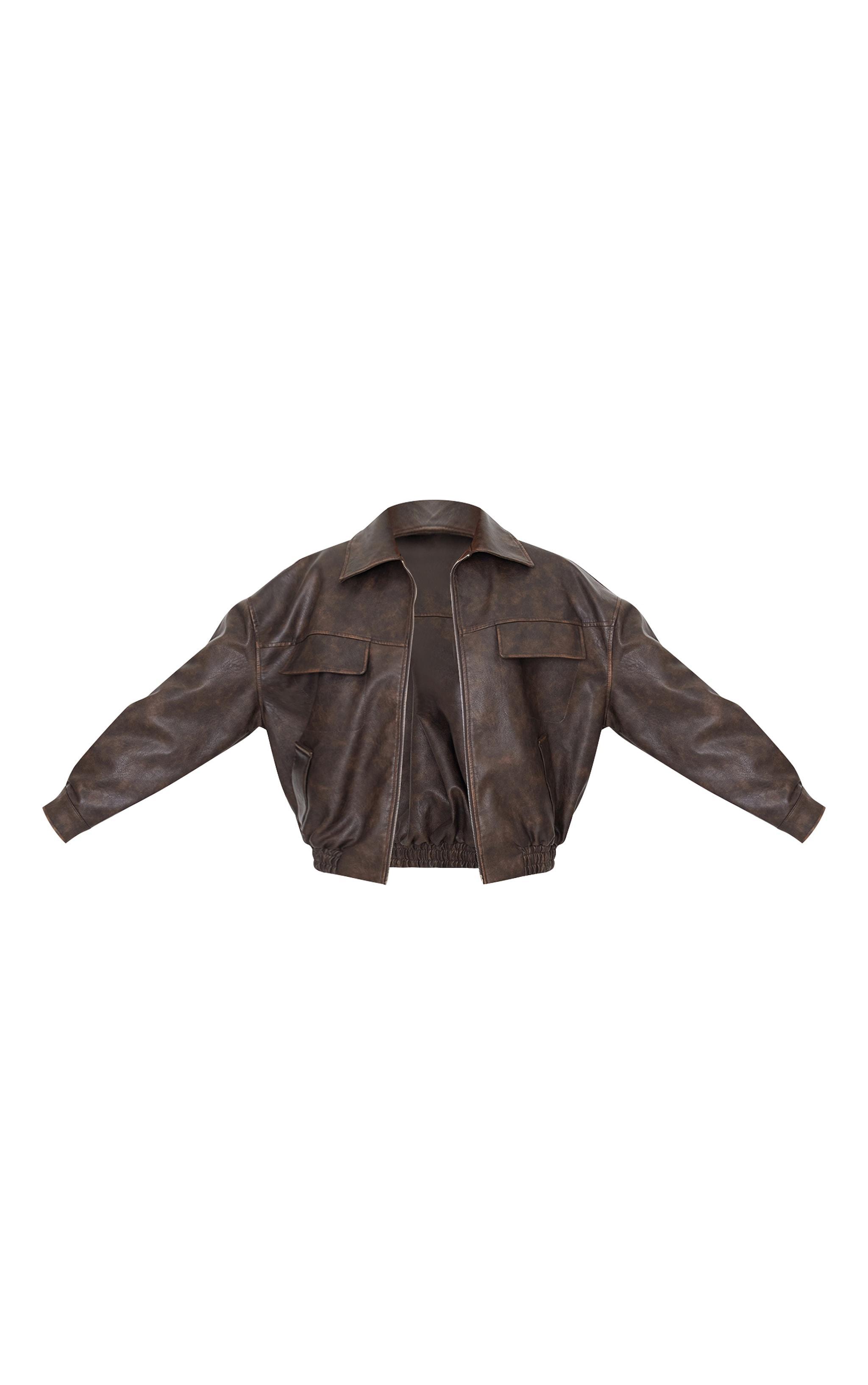 Chocolate Worn Faux Leather Pocket Detail Oversized Longline Bomber Jacket Product Image