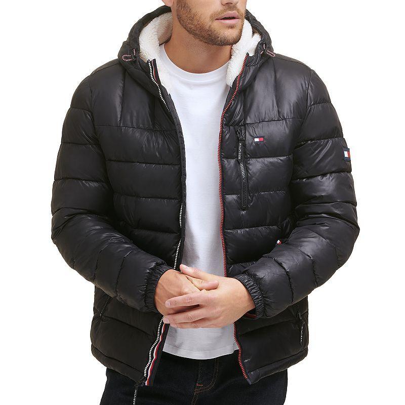 Mens Tommy Hilfiger Hooded Puffer Jacket with Sherpa Lined Hood Blue Colorblock Product Image