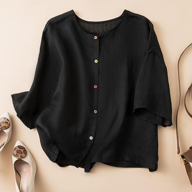 Short-Sleeve Plain Button-Up Blouse Product Image