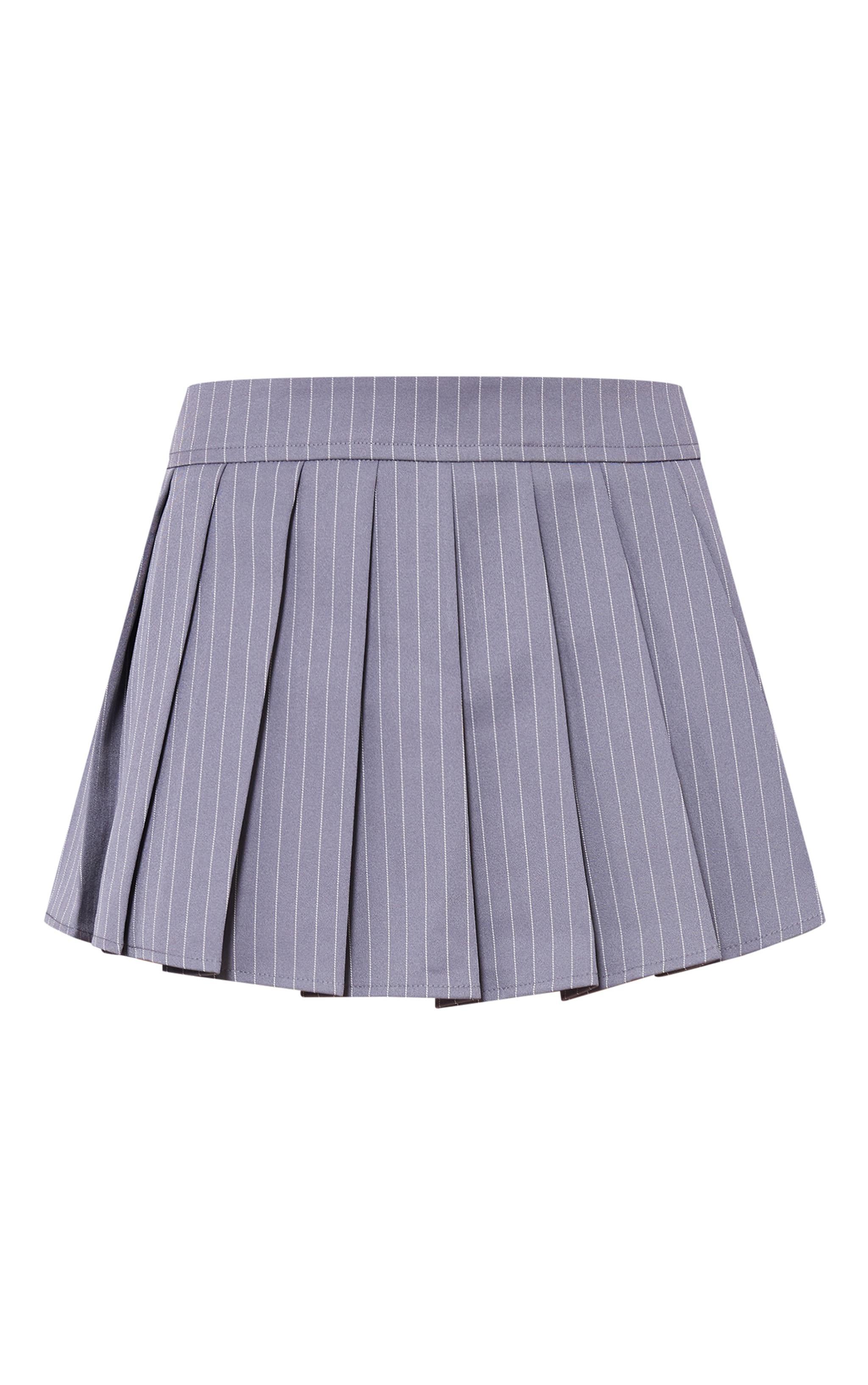 Grey Pinstripe Belt Detail Pleated Mini Skirt Product Image