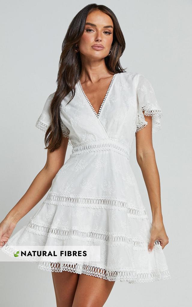 Ariana Mini Dress - V Neck Flutter Sleeve A Line in White Product Image