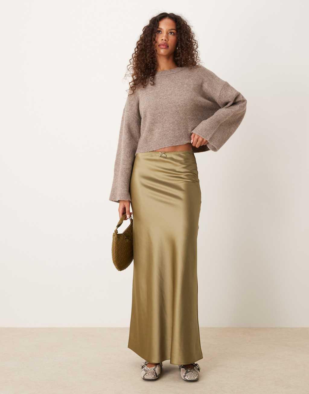 Miss Selfridge satin maxi skirt in khaki Product Image