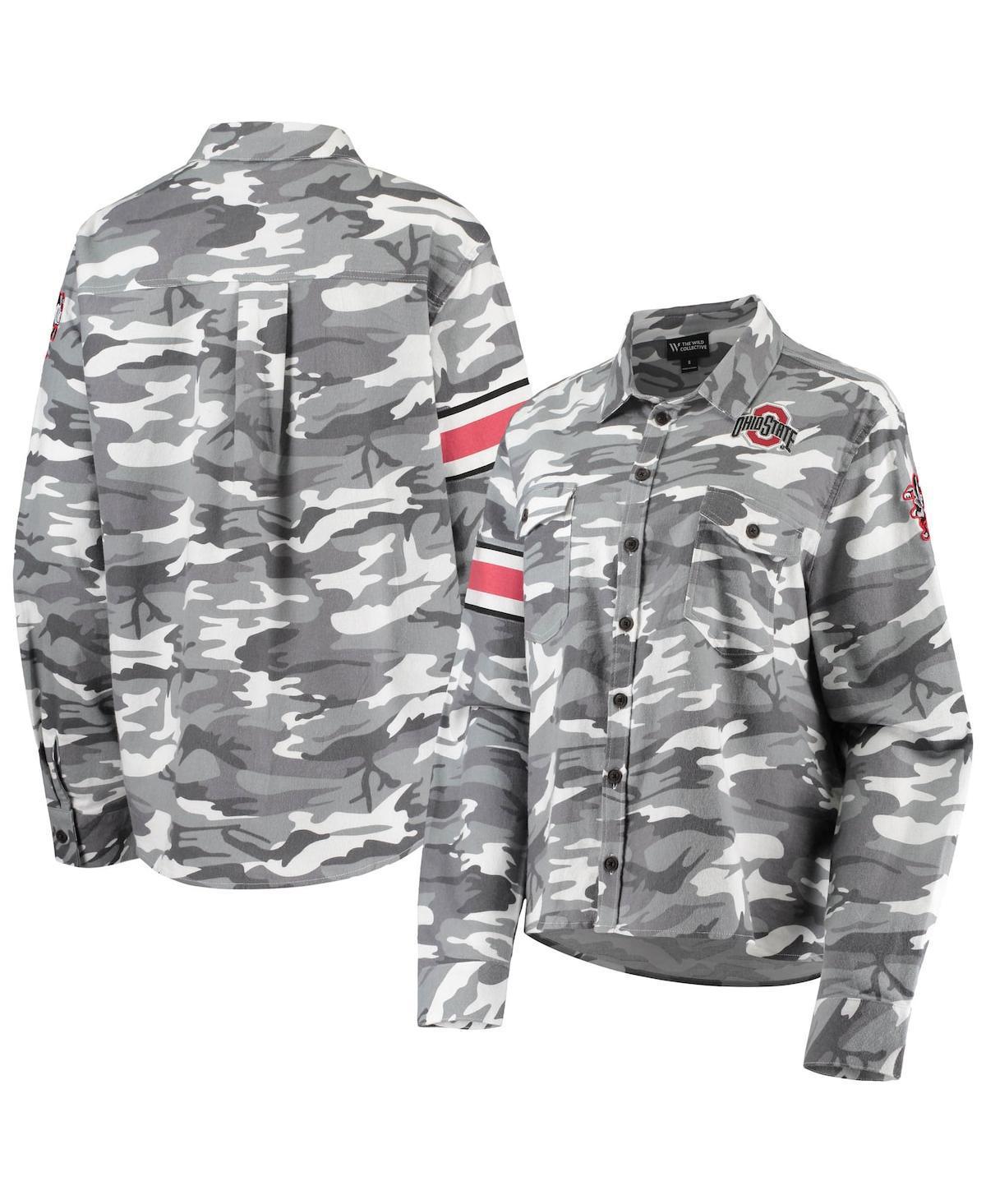 Womens The Wild Collective Gray Ohio State Buckeyes Camo Flannel Button-Up Long Sleeve Shirt product image