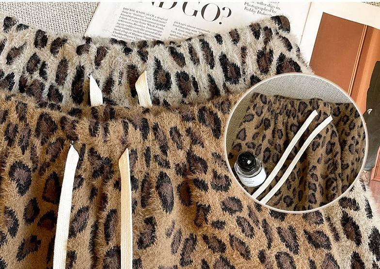 Drawstring Waist Leopard Print Wide Leg Pants Product Image