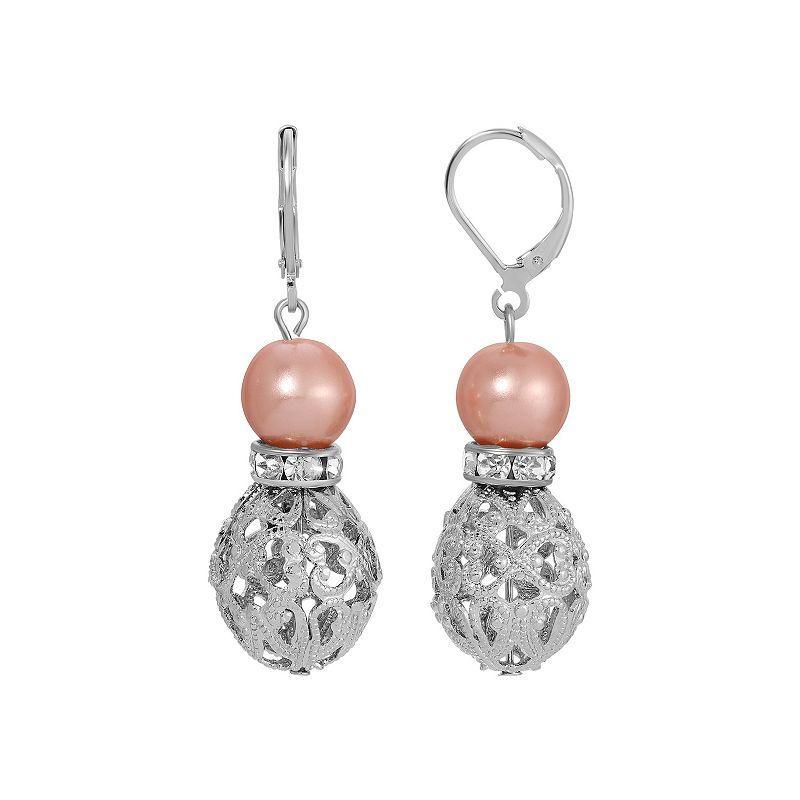 1928 Silver Tone Filigree Faux Pearl Drop Earrings, Womens, Pink Product Image