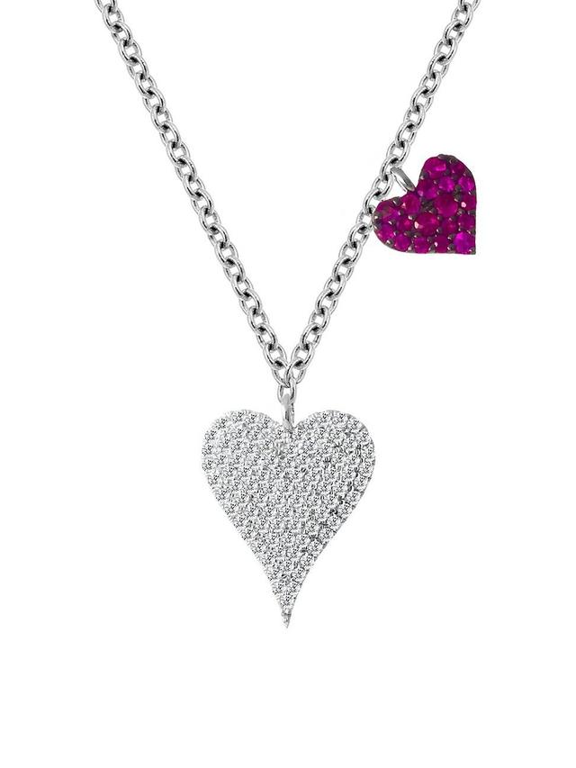 Womens 14K White Gold Diamond & Ruby Double Heart Pendant Necklace Product Image